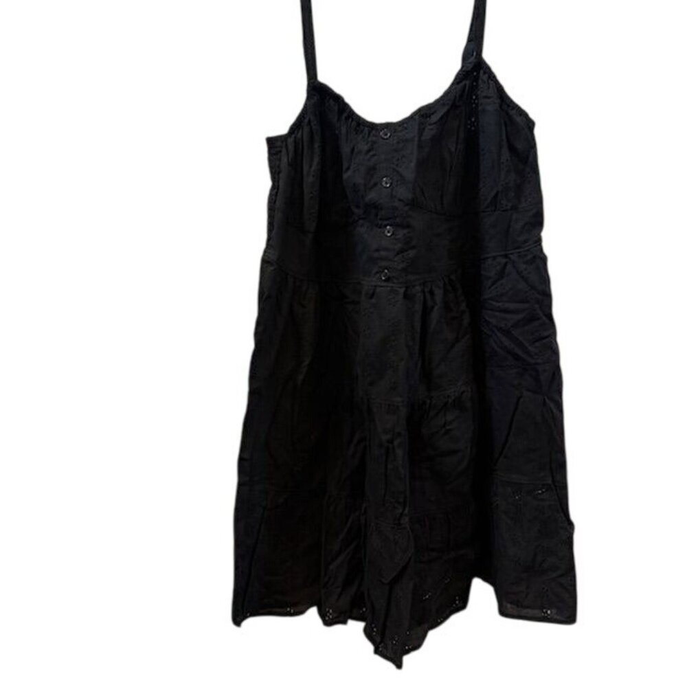Black Sleeveless Eyelet Sundress With Button Front & Adjustable Straps